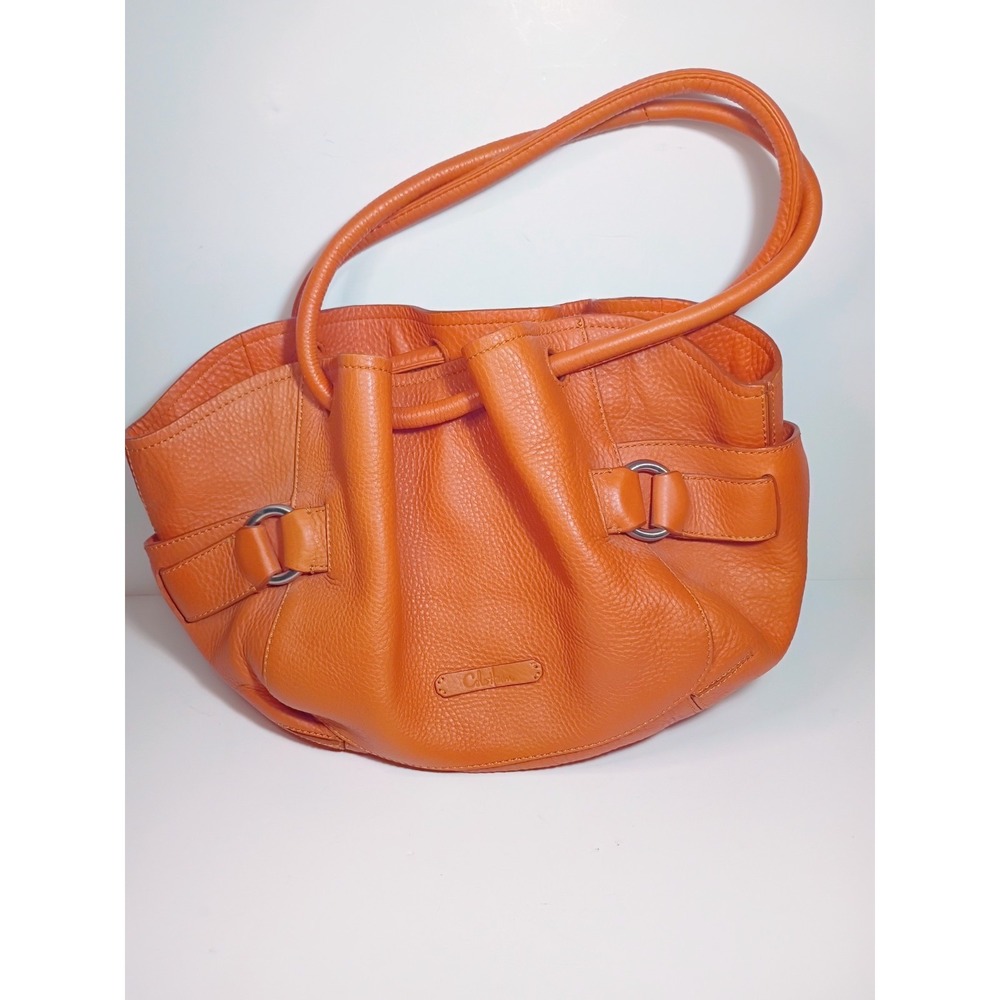 Cole Haan Orange Pebbled Leather Drawstring Hobo Shoulder Bucket Bag